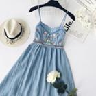 Spaghetti Strap Floral Embroidery A-line Midi Dress