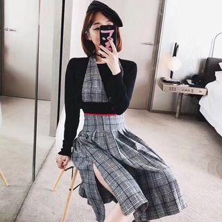 Set: Knit Top + Halter Midi Plaid A-line Dress