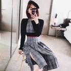 Set: Knit Top + Halter Midi Plaid A-line Dress