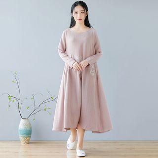 Long-sleeve Floral Embroidered Midi A-line Dress Pink - One Size