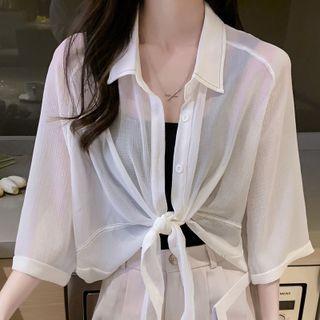Elbow-sleeve Chiffon Tied Shirt