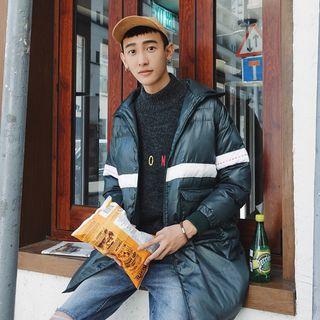 Letter Embroidered Color Panel Hooded Long Padded Coat