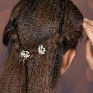 Retro Flower Gemstone Hair Stick 1 Piece - Gold & White & Green - One Size