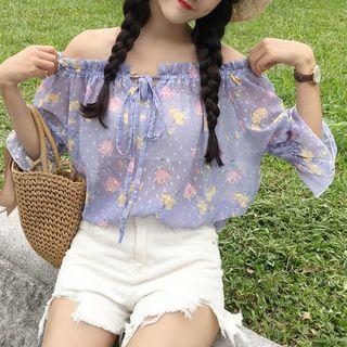 Flower Print Off-shoulder Chiffon Blouse