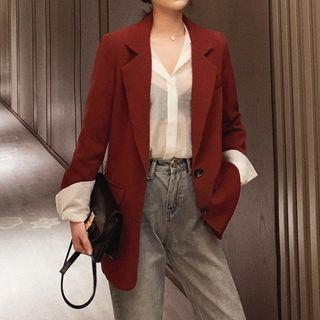 Set: Plain Loose-fit Blazer + Chiffon Sheer Shirt