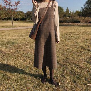 Plain Long-sleeve Top / Plaid Midi Jumper Dress