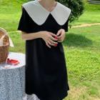 Short-sleeve Collar Two-tone A-line Dress Black - One Size