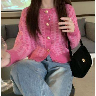 Round Neck Plaid Cardigan Pink - One Size