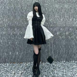 Bell-sleeve Ruffled Blouse / Lace-up Overall Dress