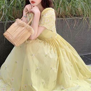 Flower Embroidered Square-neck Midi Dress As Shown In Figure - One Size