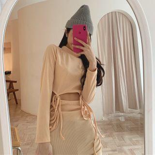 Long-sleeve Plain Cutout Waist Slim-fit Dress