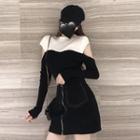 Long-sleeve Cold Shoulder Mini Knit Dress Black & White - One Size