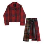 Plaid Double Breasted Coat / Midi A-line Skirt