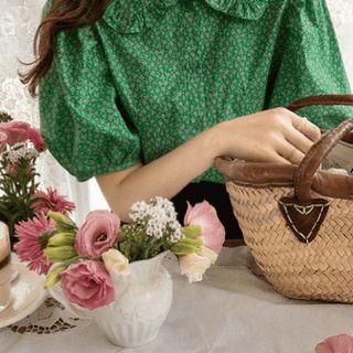 Puff-sleeve Frill-trim Floral Blouse