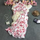 Set: Floral Print Blouse + Ruffled Midi A-line Skirt