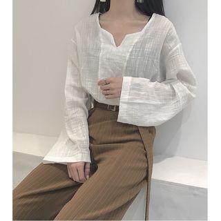 Split-neck Long-sleeve Top / Pinstripe Wide Leg Pants