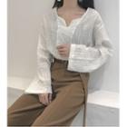 Split-neck Long-sleeve Top / Pinstripe Wide Leg Pants
