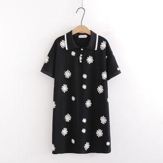 Flower Print Elbow-sleeve Mini Polo Shirt Dress