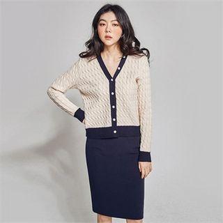 Faux-pearl Contrast-trim Cable-knit Cardigan