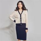 Faux-pearl Contrast-trim Cable-knit Cardigan