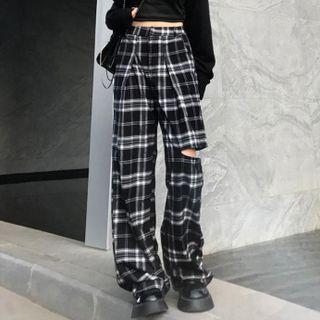 High Waist Plaid Distressed Wide Leg Pants