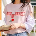 3/4-sleeve Cutout Rose Embroidery T-shirt Pink - One Size