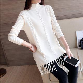 Mock Neck Fringed Hem Sweater