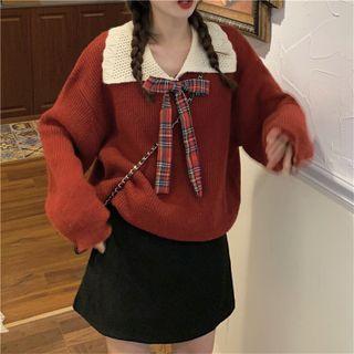 Bow-accent Two-tone Loose-fit Sweater Red - One Size
