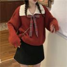 Bow-accent Two-tone Loose-fit Sweater Red - One Size