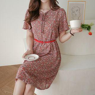 Beribboned Floral Chiffon Dress & Belt