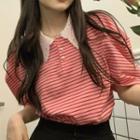 Puff-sleeve Lace Collar Striped Polo Shirt