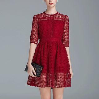 Lace Elbow-sleeve A-line Dress