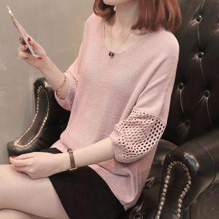 3/4-sleeve Perforated Panel Sweater
