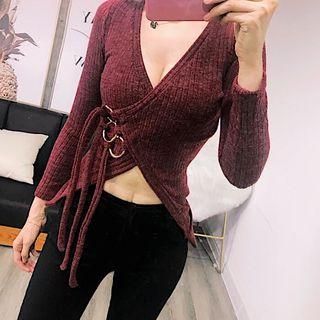 Long-sleeve Tie-up Asymmetric Knit Top