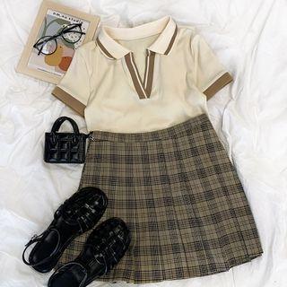 Short-sleeve Contrast Trim Top Top - One Size