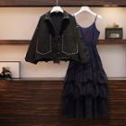 Set: Elbow-sleeve Distressed Studded Denim Jacket + Spaghetti Strap Midi Tiered Dress
