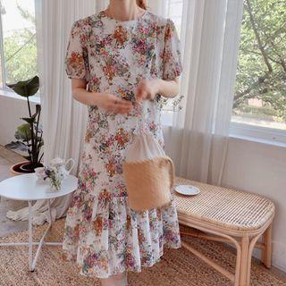 Puff-sleeve Floral Print Ruffle-hem Dress