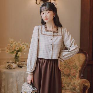 Set: Long-sleeve Plaid Blouse + Midi A-line Skirt