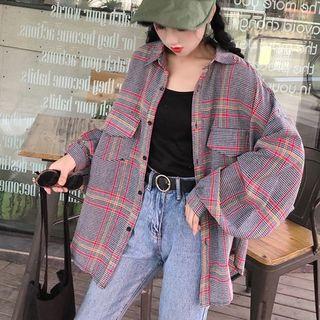 Check Long-sleeve Loose-fit Shirt As Figure - One Size