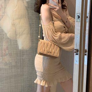Glitter Drawstring Cold-shoulder Blouse / Mini Sheath Dress
