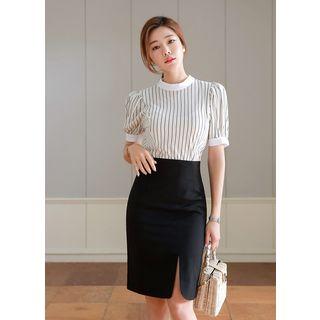 Cutout-back Puff-sleeve Stripe Top