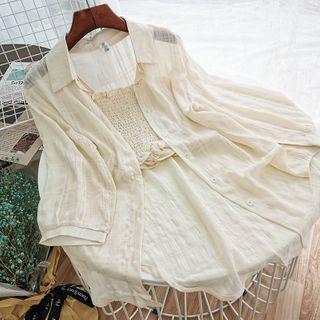 Set: Spaghetti Strap Shirred Top + 3/4-sleeve Sheer Shirt