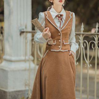 Set: Button-up Vest + Shirt + A-line Skirt