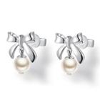 Left Right Accessory - 925 Sterling Silver Bow Dangling Freshwater Pearl (4mm) Earrings