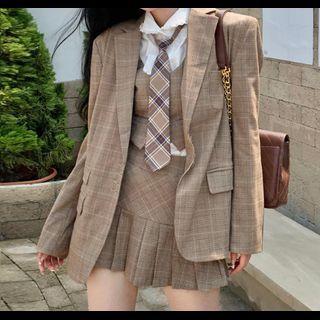 Plaid Blazer / Pleated Mini A-line Skirt / Vest / Neck-tie