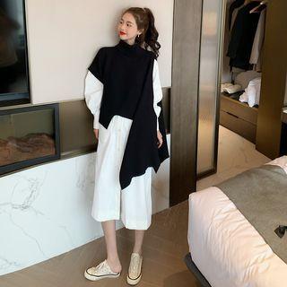 Mock-neck Plain Sleeveless Sweater / Plain Long-sleeve Shirt Dress