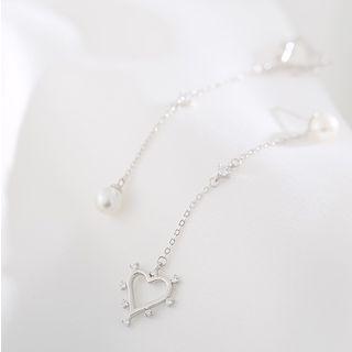 Non-matching Faux Pearl 925 Sterling Silver Heart Dangle Earring 1 Pair - Heart Dangle Earring - One Size