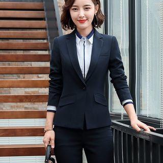 Plain Single-button Blazer / Contrast Trim Shirt / High-waist Mini Pencil Skirt