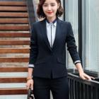 Plain Single-button Blazer / Contrast Trim Shirt / High-waist Mini Pencil Skirt