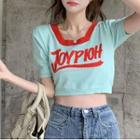 Short-sleeve Lettering Crop Knit Top Red Lettering - Light Blue - One Size